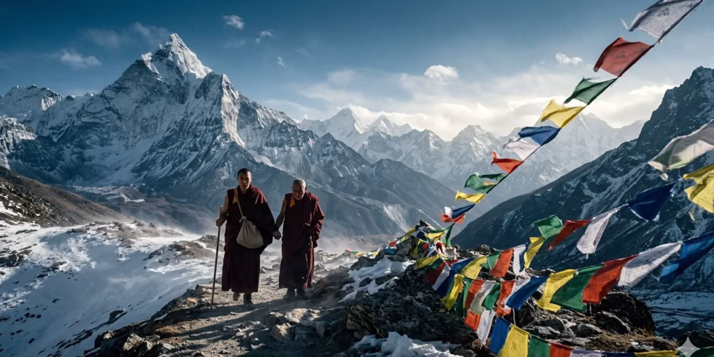 Tibetan Monks with Tibetan flag in the background
