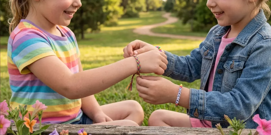 two friends exchanging friendship bands