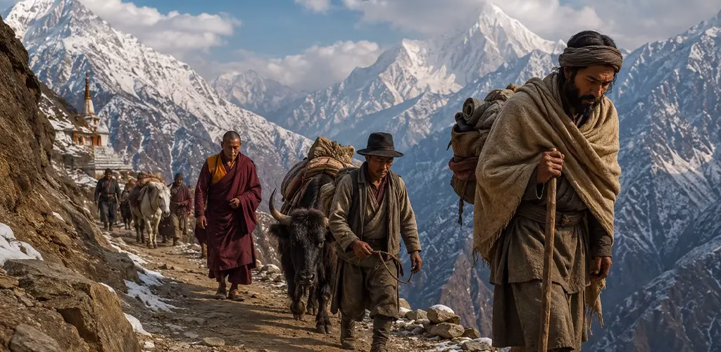 pilgrims, monks on mountain trails