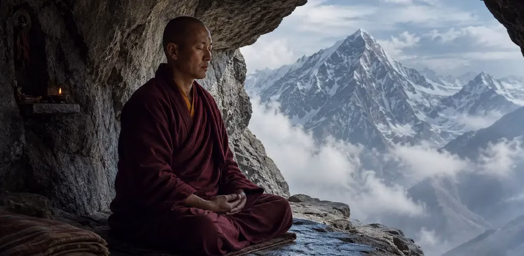 A monk meditating inside a cave