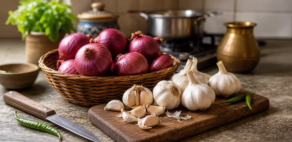 onions and garlic in a kitchen