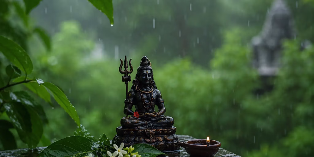 Lord Shiva idol with a background of monsoon