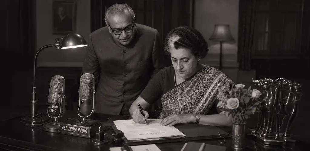 Indira Gandhi signing ordinance