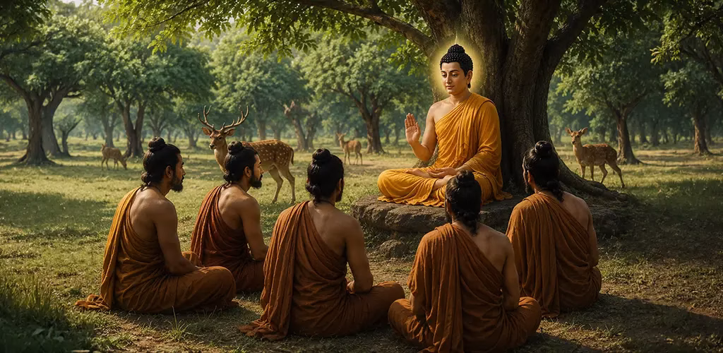 five disciples of Buddha listening to him