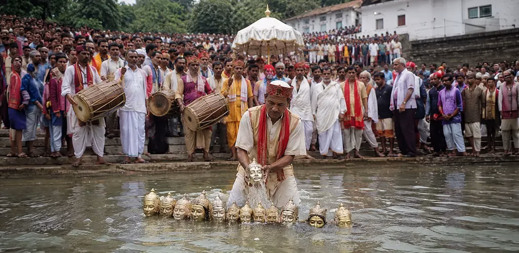 fourteen gods being bathed by the priest