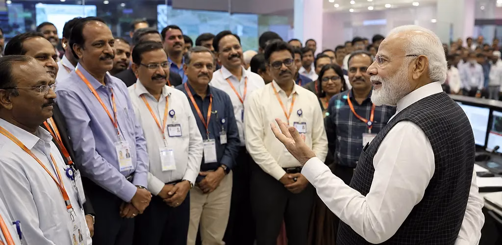 Prime Minister Narendra Modi addressing ISRO scientists after the Chandrayaan-3 landing