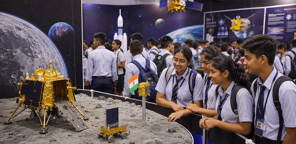 students at a National Space Day exhibition inspired by Chandrayaan-3