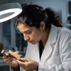 scientist in a lab coat examining an ancient bone fragment under lab light
