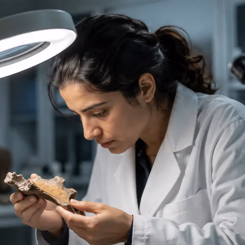 scientist in a lab coat examining an ancient bone fragment under lab light