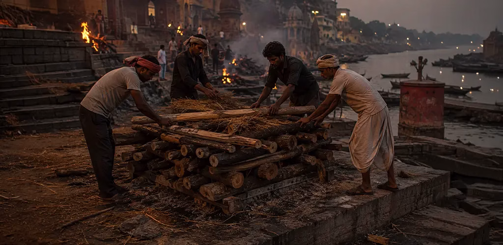 Dom workers preparing a pyre for cremation rites
