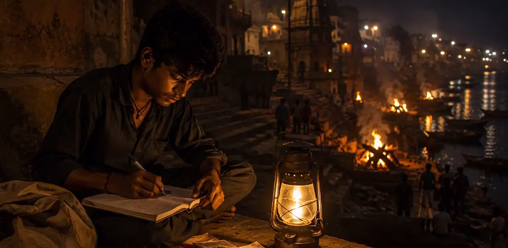 a young member of the Dom community studying by lamplight near the ghats