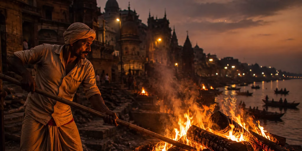 a Dom worker tending a burning pyre at Manikarnika Ghat, Varanasi