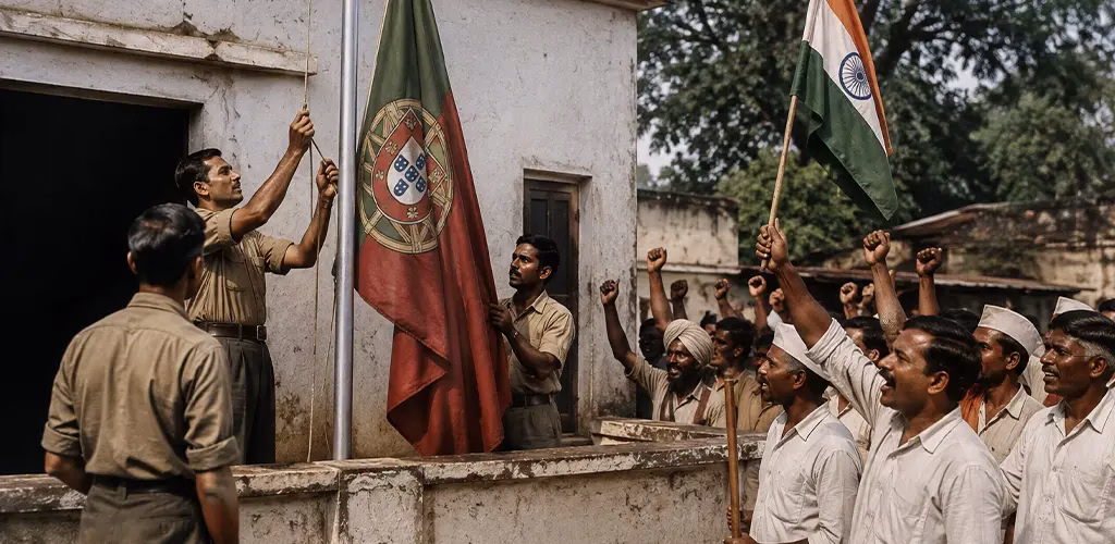 The Portuguese flag being lowered in Dadra and Nagar Haveli, August 1954