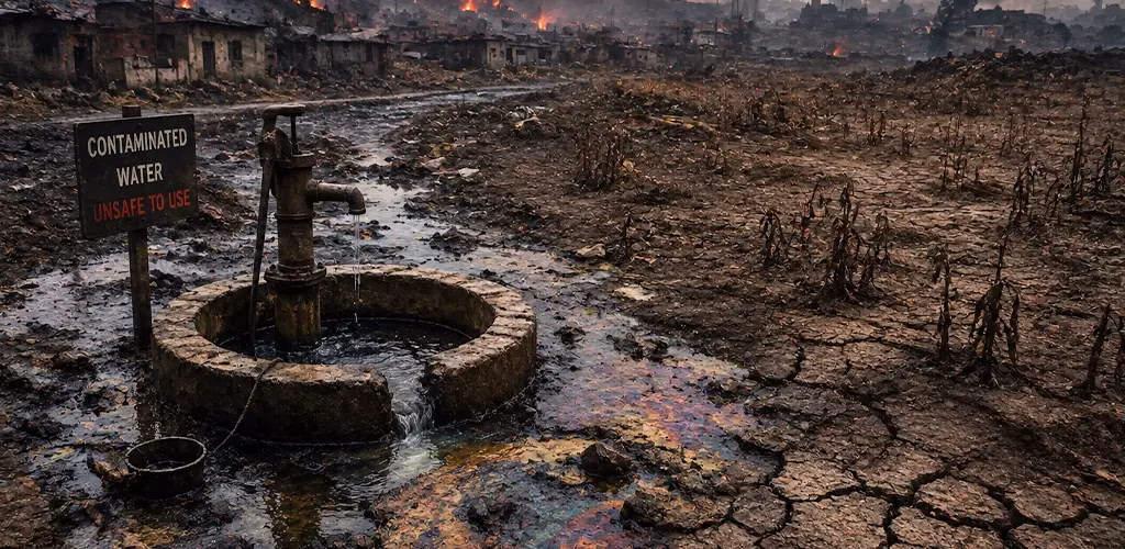 barren land, contaminated well in Jharia