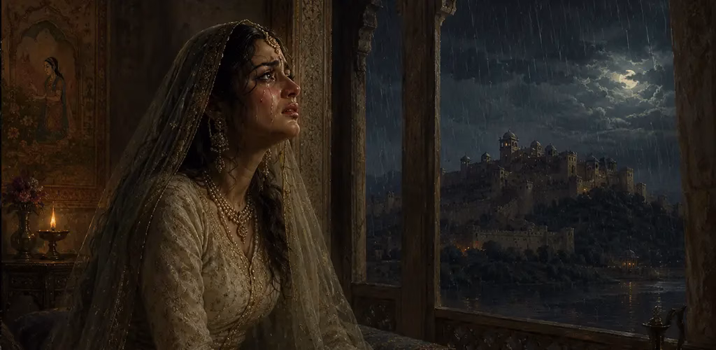 Queen Nagamati grieving about the loss of her king