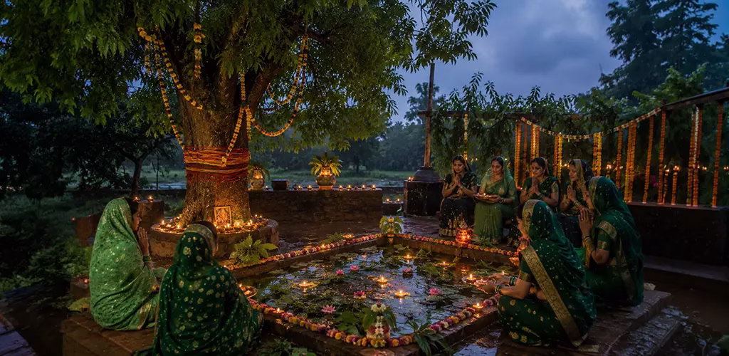 A neem branch and small ritual pond set up for evening worship