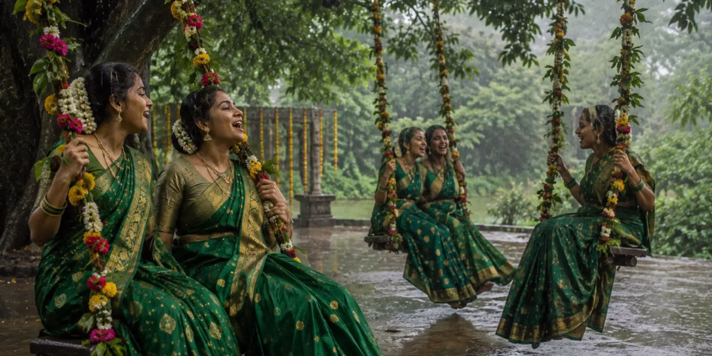 Women in green sarees singing on decorated swings during monsoon