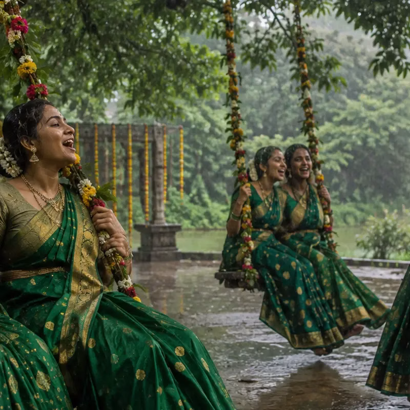 Women in green sarees singing on decorated swings during monsoon