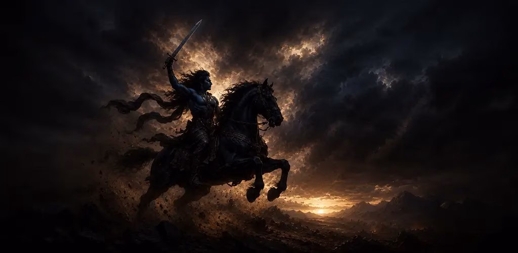 A warrior riding a white horse with a raised sword, silhouetted against a dark sky