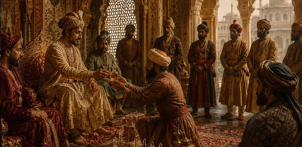 A Mughal era style court scene with attar being presented to royalty