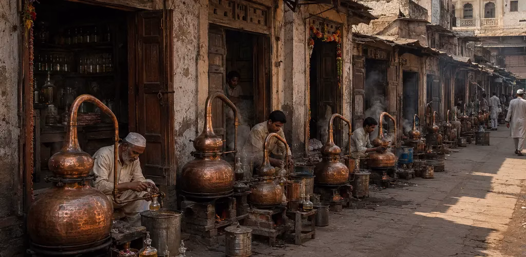 Rows of small family-run attar workshops in old Kannauj