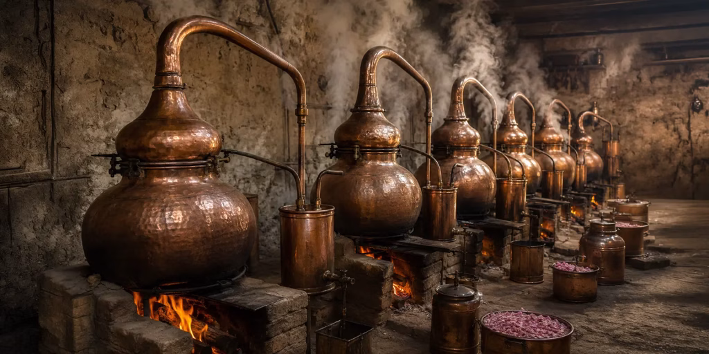 Rows of copper attar stills lined up in a small Kannauj workshop, steam rising off the flames