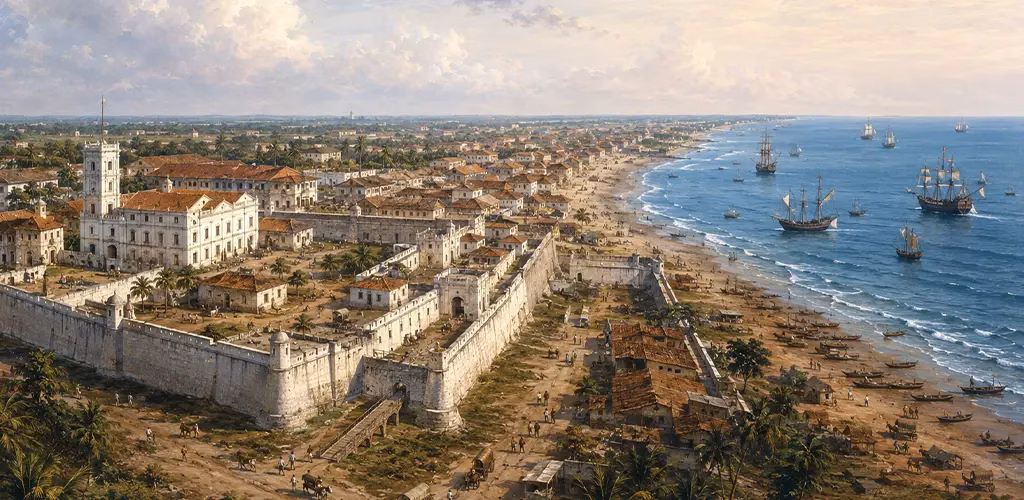 the walled settlement of Fort St George expanding along the coast