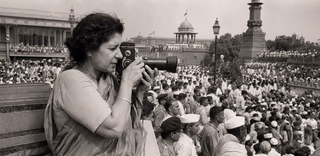 Homai Vyarawalla photographing a public event in Delhi