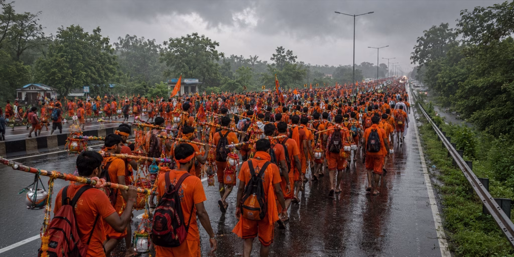Kanwariyas in saffron clothes walking on a highway during monsoon