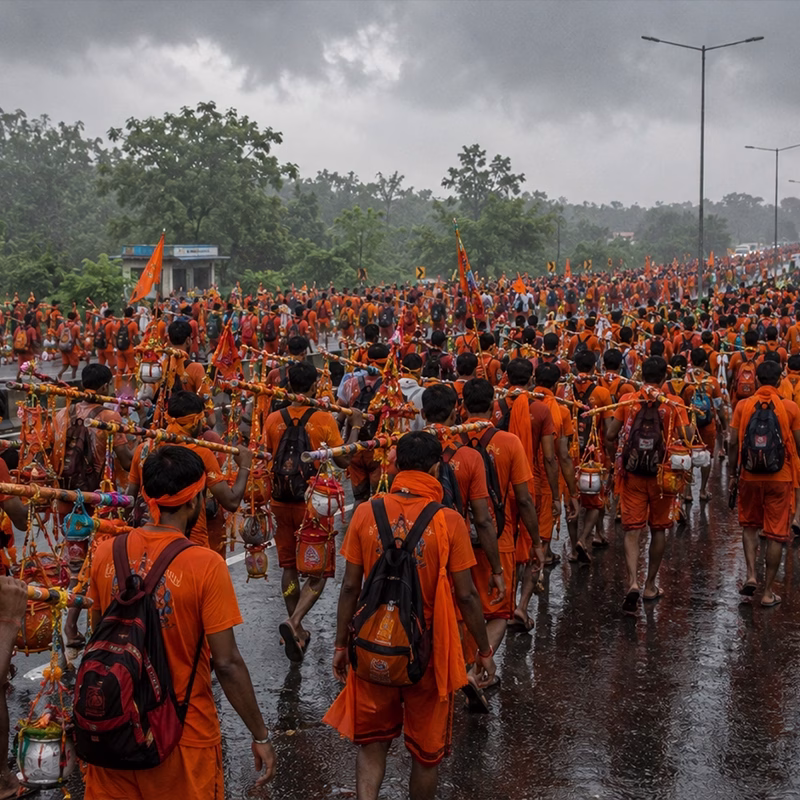 Kanwariyas in saffron clothes walking on a highway during monsoon
