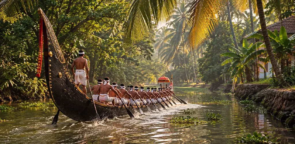an old Chundan Vallam navigating a narrow backwater channel