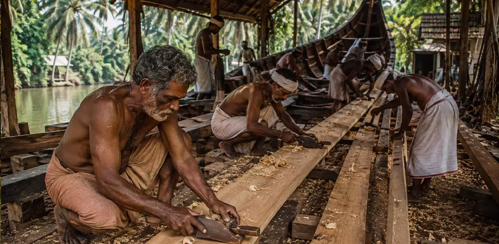 craftsmen shaping wooden planks for a Chundan Vallam by hand