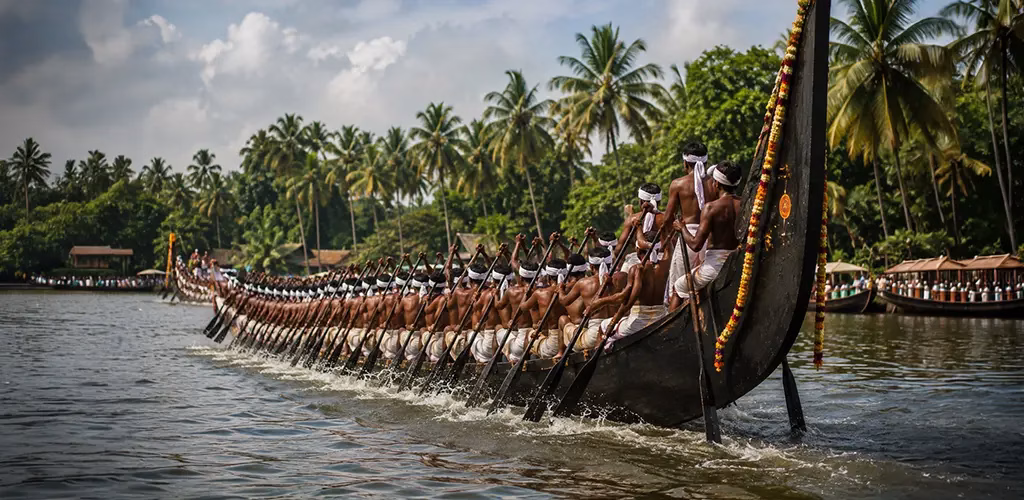 oarsmen in white dhotis rowing a snake boat in coordinated rhythm