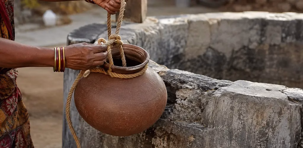 a woman's hand tying an empty water pot to a rope for the well