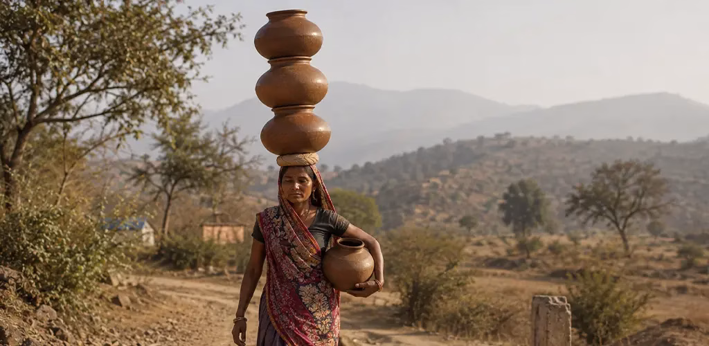a woman carrying multiple water pots stacked on her head and hip