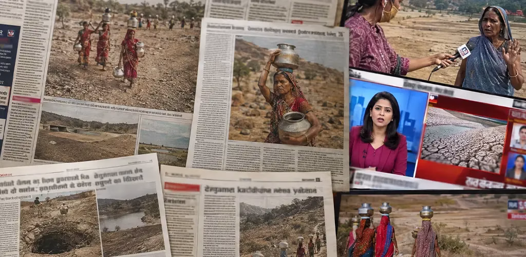 newspaper and TV clippings of Denganmal's water crisis coverage