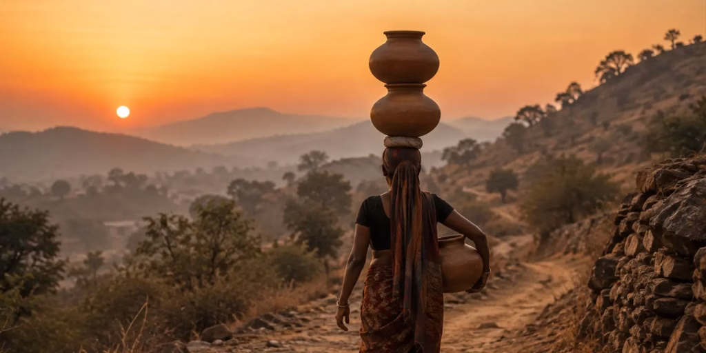 A waterwife balancing water pots on a dirt trail at dawn