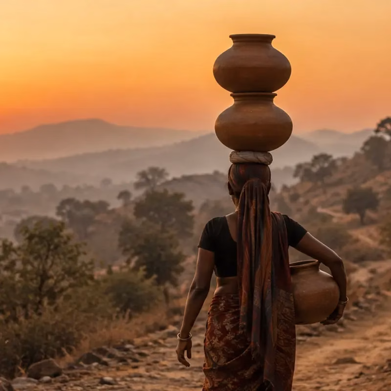 A waterwife balancing water pots on a dirt trail at dawn