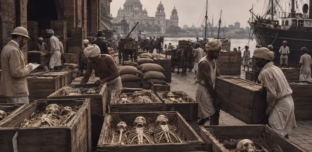wooden crates with human skeletons