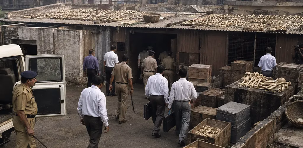 police investigating and entering human skeletons workshops