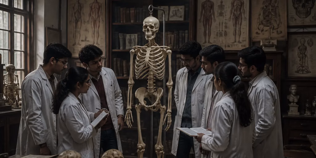 medical college classroom with human skeleton