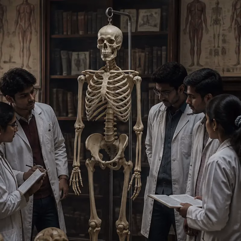 medical college classroom with human skeleton