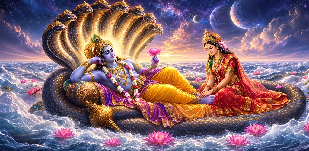 Lord Vishnu reclining on Sheshnag in the cosmic ocean