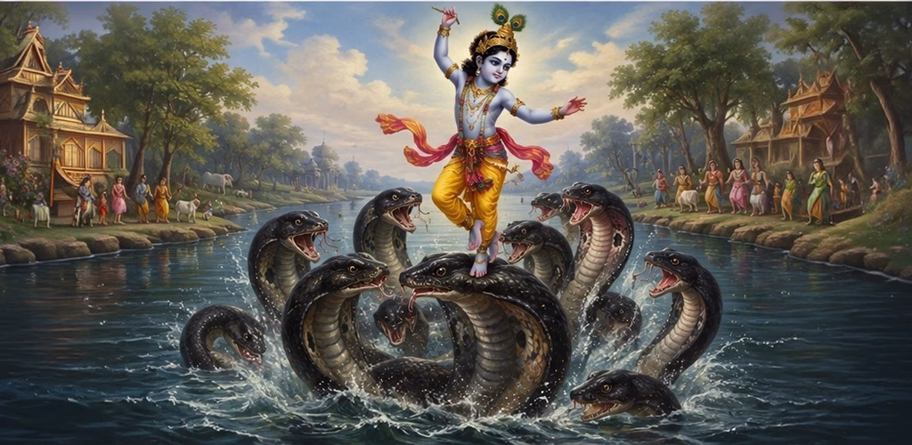 Lord Krishna dancing on the hoods of Kaliya in the Yamuna