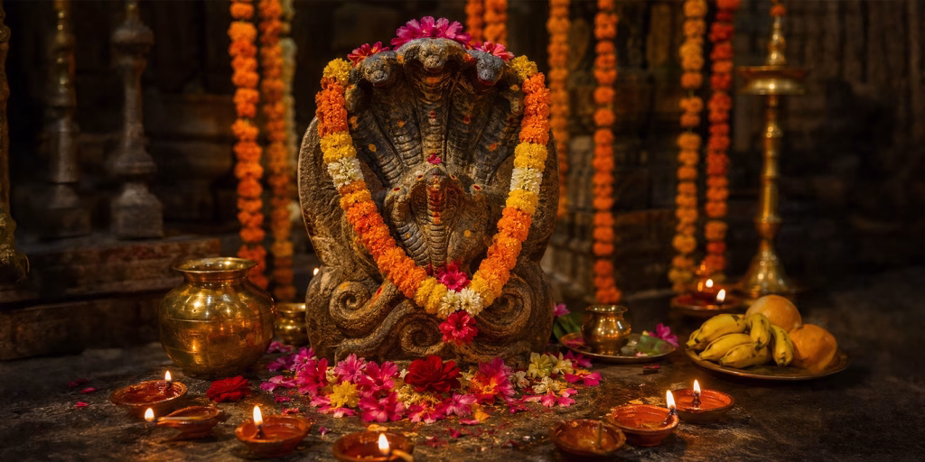 Nag Panchami worship with a Naga idol, flowers and traditional offerings