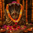 Nag Panchami worship with a Naga idol, flowers and traditional offerings