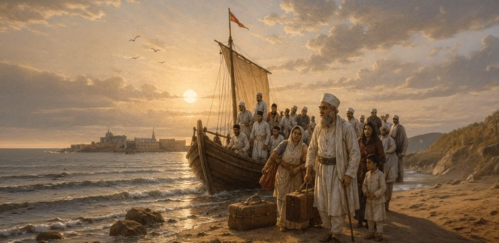 Parsi refugees arriving at the shores of Gujarat and seeking refuge from Jadi Rana