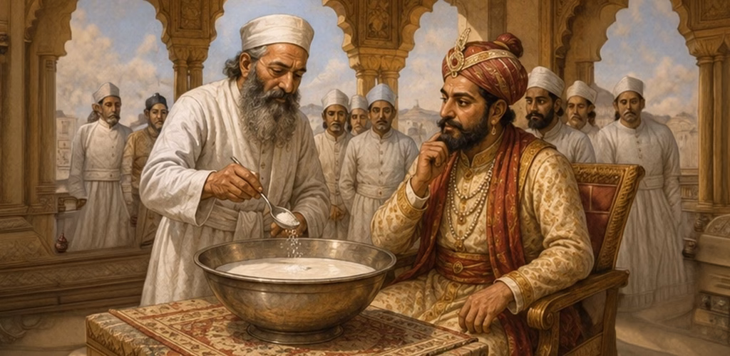 The iconic “Sugar in Milk” moment, with the Parsi priest adding sugar to a bowl of milk before Jadi Rana
