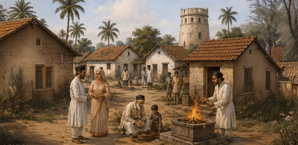 Early Parsi settlement at Sanjan, Gujarat, showing the community establishing a new home