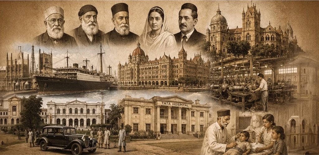 Historic photographs of prominent Parsis and their contributions to Indian industry, education and philanthropy